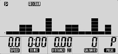 hodnot funkce (Profil (P1~P12), TIME, DISTANCE, CALORIES, PULSE.