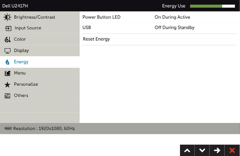 Ikona Nabídka a podnabídky Energie Popis Indikátor LED napájení USB Obnovit nastavení napájení Umožňuje nastavit stav indikátoru napájení pro úsporu energie.