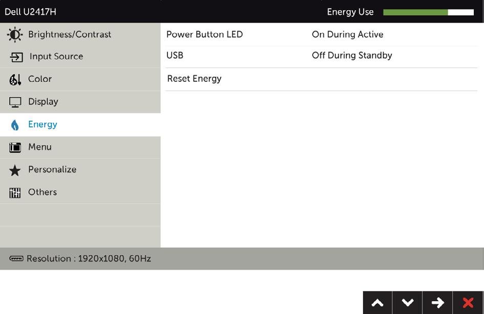 Ikona Nabídka a podnabídky Energie Popis Indikátor LED napájení USB Obnovit nastavení napájení Umožňuje nastavit stav indikátoru napájení pro úsporu energie.