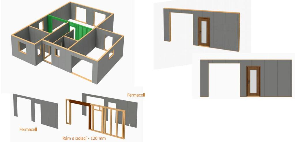 Vnitřní příčky nosné Vnitřní stěna rámu 120 mm s vloženým překladem (statickým prvkem). Příprava otvoru ve stěně závisí na požadavcích otvoru.