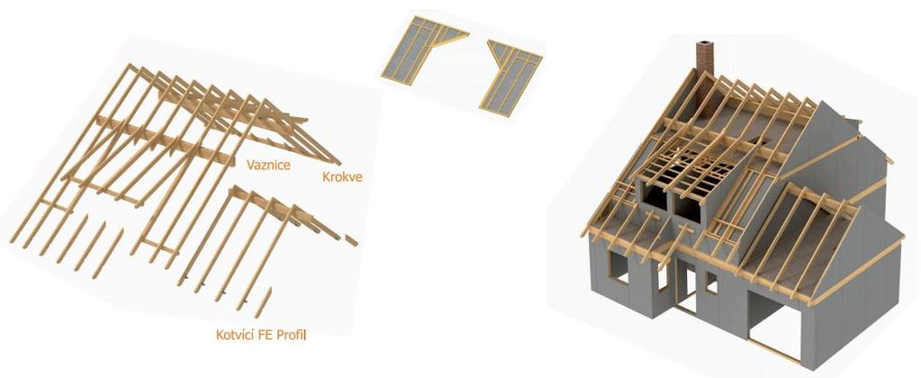 Střešní kostrukce - vaznicový krov Využijte kvalitu a přesnost dílců zpracovaných na NC strojích, bezchybnost montáže sestav díky přípravě konstrukce v 3D programech a získaný čas využijete pro další