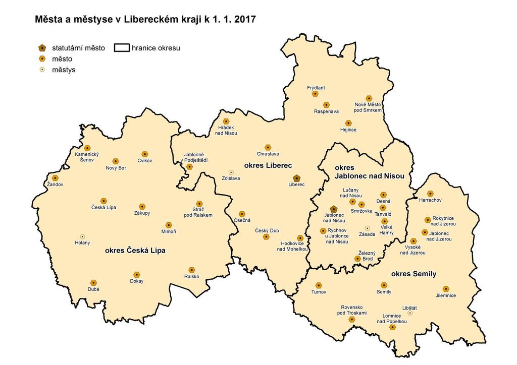 Obrázek 3 Lokace měst a městysů v Libereckém