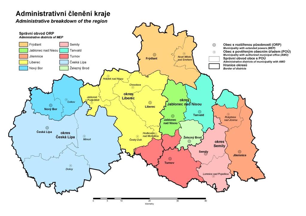 2.1.2 Administrativní vymezení Obrázek 2 Administrativní členění Libereckého kraje, SO ORP Zdroj: Český statistický úřad Tabulka 1 Vybrané geografické údaje správních obvodů ORP Libereckého kraje, k