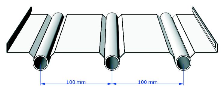 Obr. 1.4 Detail sálavé desky Standardní elektricky svařované pozinkované ocelové trubice ø 22,0 mm o tloušťce 1,2 mm, podléhající elektronické zkoušce na svařování a tlakovým zkouškám.