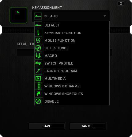 Funkce tlačítek Key Assigment Menu Default základní funkce tlačítka Keyboard