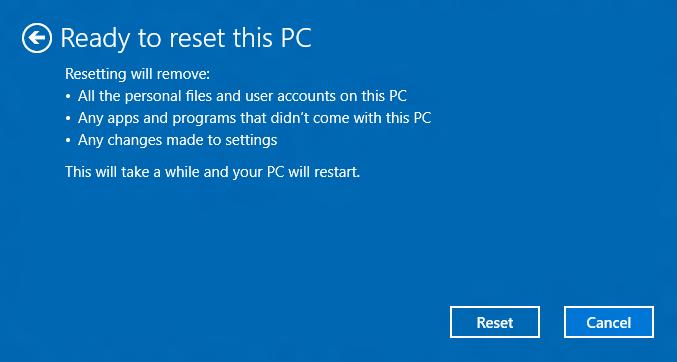 mohou mít dopad na vaši instalaci Windows. 5. Pokračujte kliknutím na možnost [Reset] (Resetovat). 6. Průběh resetování se zobrazí na obrazovce.