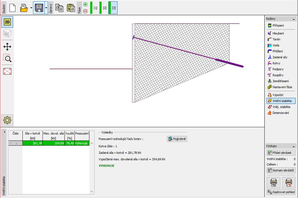Poté přepneme zpět na 3. fázi budování, provedeme výpočet a vrátíme se opět do rámu Vnitřní stabilita.