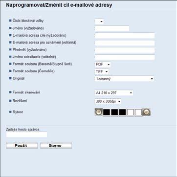 5. Snímání originálů Nastavení pro skenování do e-mailu Položka Nastavení Popis Číslo bleskové volby Název Volit. Vyžad. Zvolte, když nastavujete cíl jako záznam Bleskové volby. Název / jméno cíle.