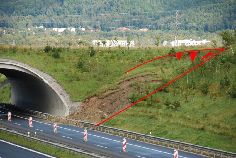 2005 do března 2006 docházelo postupně k projevům sesouvání. Ohraničení sesuvu bylo pravidelné, zjevně omezené právě diskontinuitami, podél nichž docházelo k pohybu v minulosti.