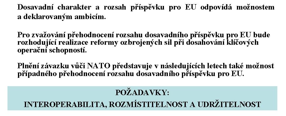 PRAKTICKÁ ÚČAST ČR NA ESDP, VYČLENĚNÍ SIL PRO EU nostech vojenských struktur NATO plněním závazků na základě opatření přijatých na Pražském summitu závazky PCC).