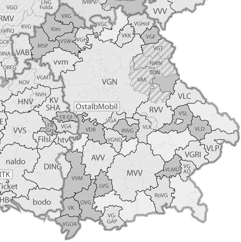 Příklady subsidiarity v organizování železniční dopravy v Bavorsku a Sasku Obr. 1: Uspořádání dopravních a tarifních svazů v Bavorsku (stav 2013). Zdroj: Nahverkehr-info.de, in: http://www.