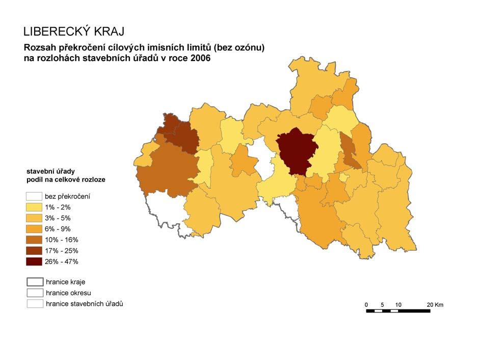 Obr. 5. Plochy překročení cílových imisních limitů (bez ozónu) v roce 2006 Obr. 6.