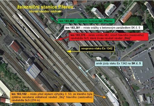 Obr. č. 2: Schéma místa vzniku MU. Zdroj: DI (s využitím mapového podkladu https://www.google.cz/maps) Ohledáním infrastruktury dráhy v žst. Přerov bylo mj. zjištěno: vpravo přímo u SK č.