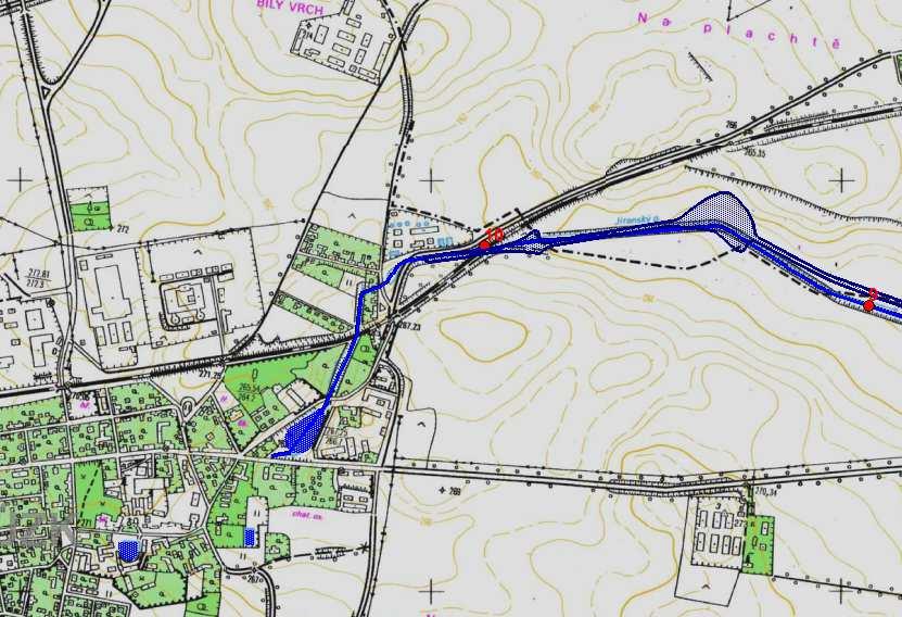 Obr. 2 Mapa s vyznačením záplavového území pro průtok Q100 Jak bylo uvedeno výše, dle systému HEIS je celková délka Jirenského potoku cca 10,8 km.