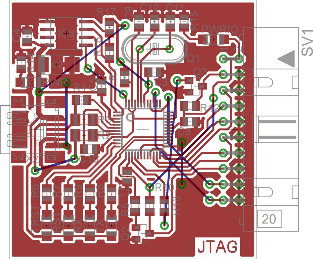 Kanál 1 obvodu FT2232 je vyveden na konektor SV1, obsahuje signály rozhraní JTAG TCK, TMS, TDI a TDO.