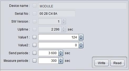 Tlačítkem Read device si v pracovním okně zobrazíme konfigurační tabulku modulu WS868-Srmt, ve které se zobrazují vybrané konfigurační parametry.