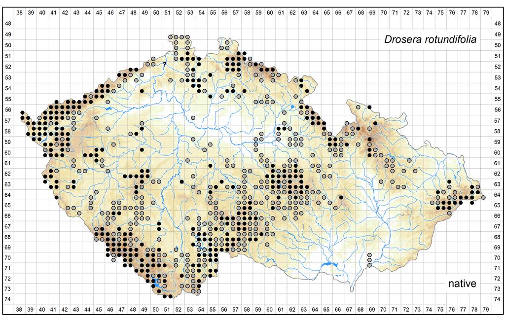 Distribution of Drosera rotundifolia in the Czech Republic Author of the map: Zdeněk Kaplan Map produced on: 05-05-2017 Database records used for producing the distribution map of Drosera