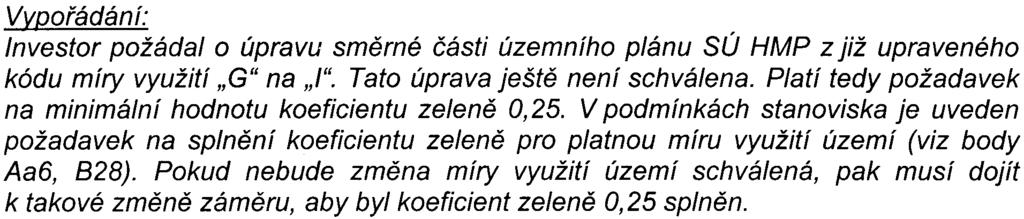 26 VV.Doøádán í: Investor požádalo úpravu smìrné èásti územního plánu SÚ HMP z již upraveného kódu míry využití "G" na "I". Tato úprava ještì není schválena.