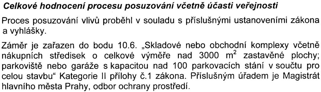 Celkové hodnocení procesu posuzování vèetnì úèasti veøejnosti Proces posuzování vlivù probìhl v souladu s pøíslušnými ustanoveními zákona a vyhlášky. Zámìr je zaøazen do bodu 10.6.