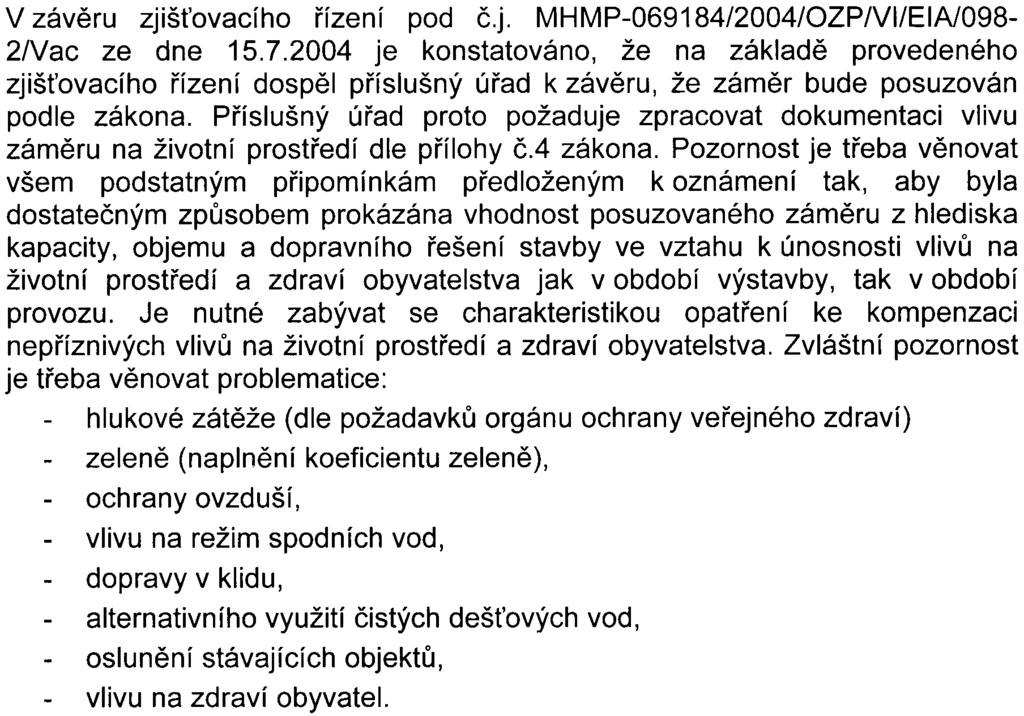 V kvìtnu 2004 bylo oznámení EIA pøedloženo na Magistrát hlavního mìsta Prahy, odbor životního prostøedí a následnì bylo oznámení dle 6 zákona rozesláno dotèeným správním úøadùm a dotèeným územním