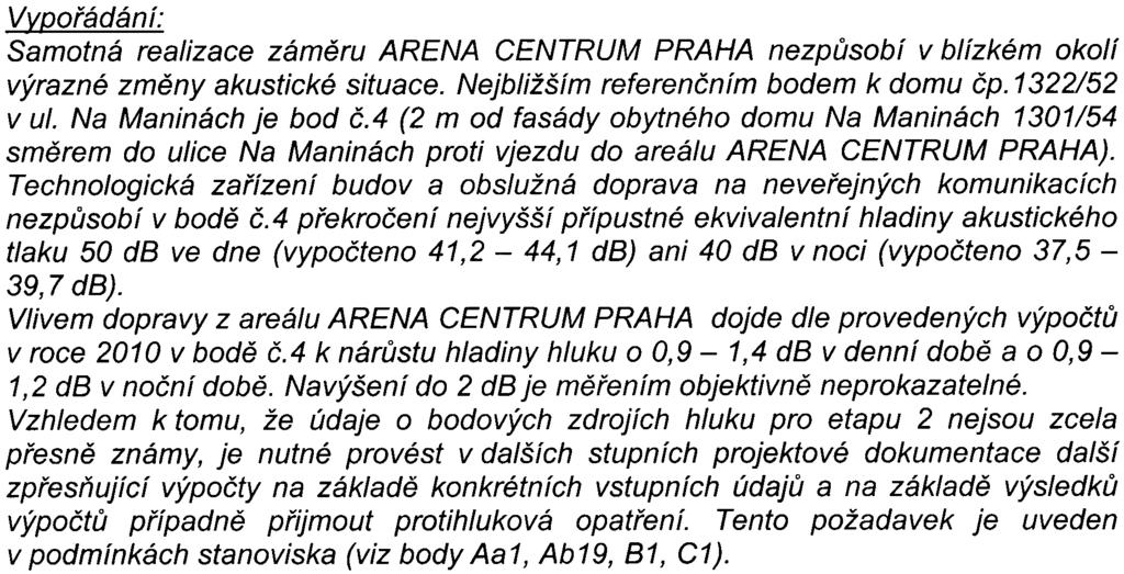 31 Vypoøádán í: Samotná realizace zámìru ARENA CENTRUM PRAHA nezpùsobí v blízkém okolí výrazné zmìny akustické situace. Nejbližším referenèním bodem k domu èp. 1322/52 v ul. Na Maninách je bod è.