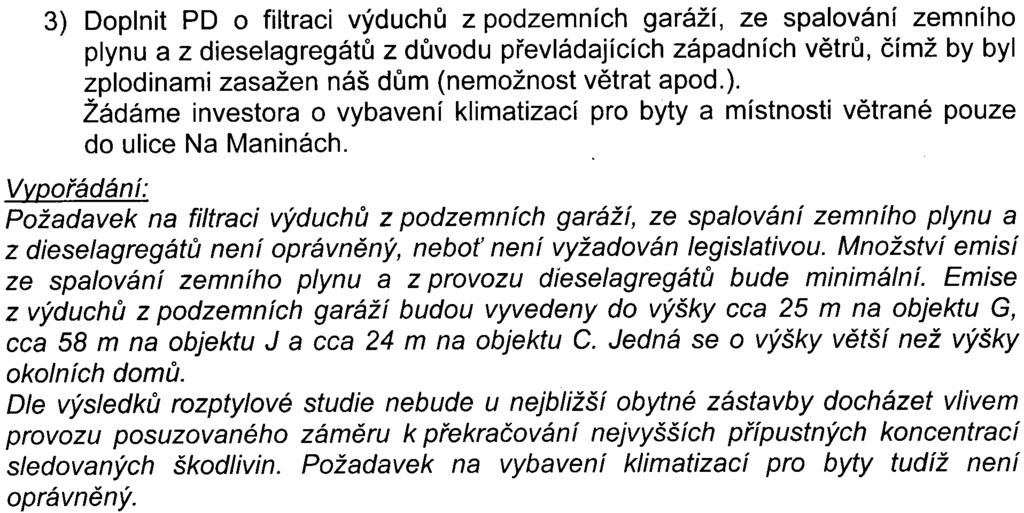 34 3) Doplnit PD o filtraci výduchù z podzemních garáží, ze spalování zemního plynu a z dieselagregátù z dùvodu pøevládajících západních vìtrù, èímž by byl zplodinami zasažen náš dùm (nemožnost