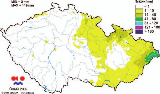 Obr. 1.23. Mapa denních úhrnů srážek pro 14. srpen 2002 Obr. 1.24. Mapa denních úhrnů srážek pro 15. srpen 2002 1.