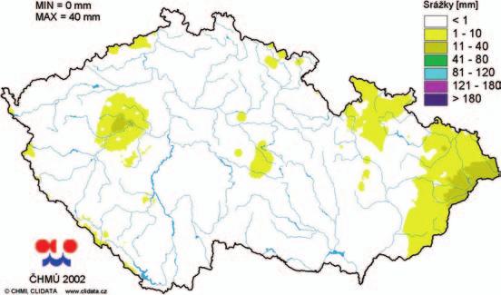 Výsledky zpracování ilustrují mapy rozložení úhrnů srážek na území České republiky v období od 6. do 15.