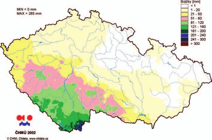 Obr. 1.5. Mapa úhrnů srážek za období od 6. do 7. srpna 2002 nazývané podle van Bebbera (Brázdil a Štekl, 1986) jako dráha V.