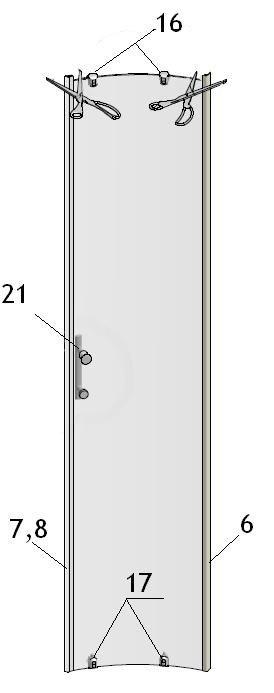 Montáž dveří na díl č.2 našroubujte díl č.16 do horní části dveří díl č.17 našroubujte do spodní části dveří poté nasaďte díl č.7 nebo č.8 na hranu dílu č.