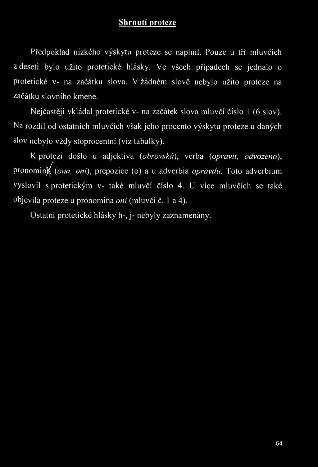 Shrnutí proteze Předpoklad nízkého výskytu proteze se naplnil. Pouze u tří mluvčích z deseti bylo užito protetické hlásky. Ve všech případech se jednalo o protetické v- na začátku slova.