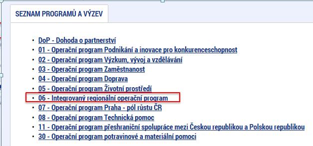 Zvolte operační program 06 IROP 4.