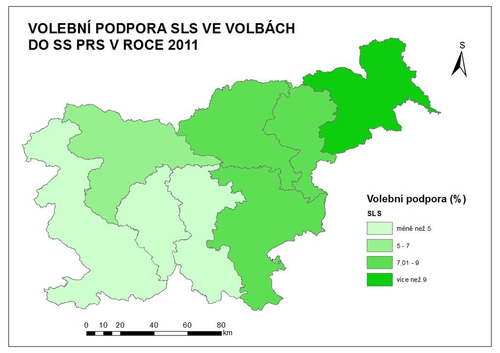 Obr. 8: Volební podpora SLS ve volbách do NS PRS v roce 2011 Zdroj dat: Državna volilna komisija SLS Z rozložení volební podpory SLS je patrná jedna velmi výrazná odchylka od zisku hlasů na