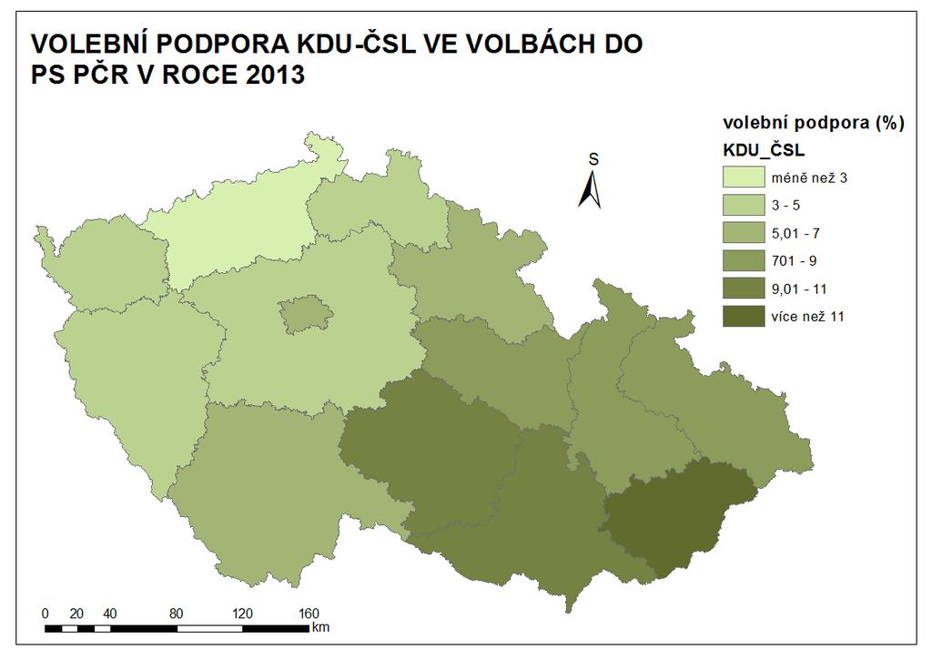 Obr. 19: Volební podpora KDU-ČSL ve volbách do PS PČR v roce 2013 Zdroj dat: ČSÚ KDU-ČSL Poslední stranou, která se ve volbách v roce 2013 dostala do dolní komory Parlamentu České republiky je