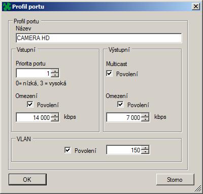 Z výroby jsou přednastaveny 2 základní profily "Camera" a "Server". Profil "Camera" má na rozdíl od profilu "Server" zakázány multicasty v Tx směru.