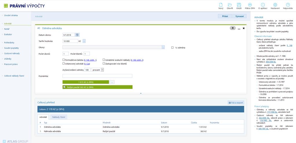 5. Výpočetní moduly 5.1. Advokát Výpočetní modul určený advokátům.