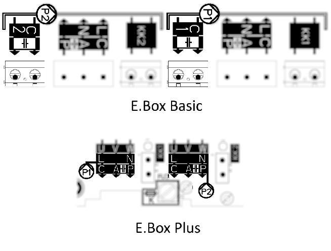 Kondenzátory musejí být připojeny, jak ukazuje Obrázek 4. Buďte opatrní, protože na desce E.Box Plus sdílejí stejnou svorku jako čerpadlo. 2.