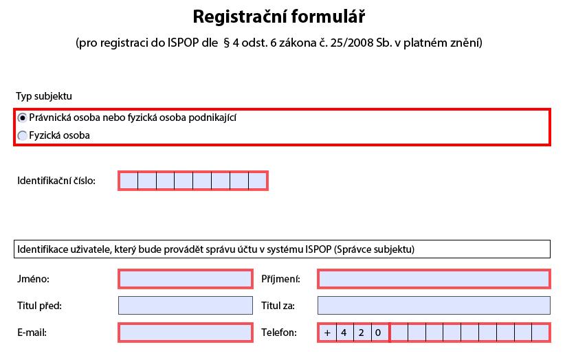 2 Vyplnění registračního formuláře Vyplnění registračního formuláře subjektu lze shrnout do následujících bodů: 1. Stažený registrační formulář uložte na disk počítače.