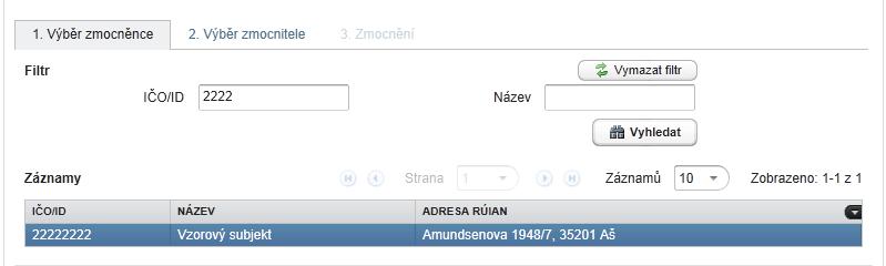 Příslušný subjekt označí kliknutím myši vybraný subjekt se zamodří a uživatel se posouvá o krok dál na výběr zmocnitele.