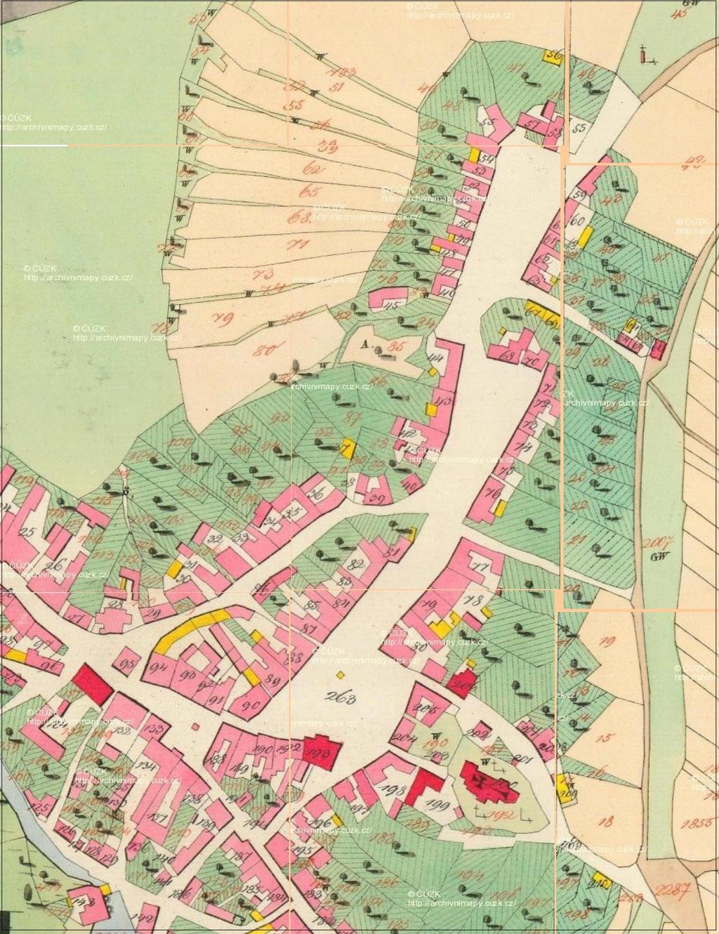 Část II. centrum Tišnova A. Změny zástavby v centru města Přesuňte se do centra města a prostudujte si mapu stabilního katastru z roku 1826. Obr. 1. Výřez z mapy stabilního katastru z r.