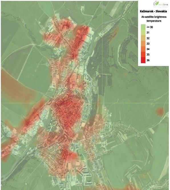 Obrázek 6 VLEVO a UPROSTŘED Termografický snímek (zdroj: vlastní) a analytická mapa vodě nepropustných ploch Kežmarku (zdroj: Strategie adaptace města Kežmarok na změnu klimatu); VPRAVO Citlivost