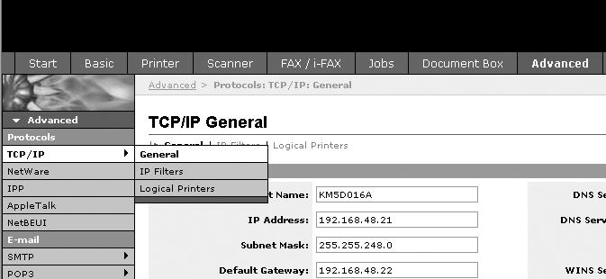 Příprava před použitím Nastavení protokolu TCP/IP Tato stránka slouží k zadání nastavení