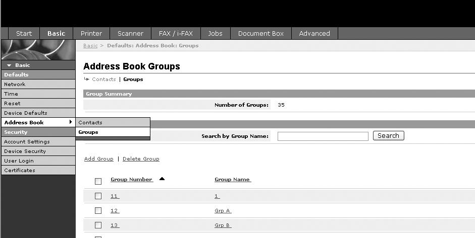 Příprava před použitím 1 Klepněte na možnost Basic (Základní) -> Address Book Groups (Skupiny v adresáři) -> Add Group (Přidat skupinu).