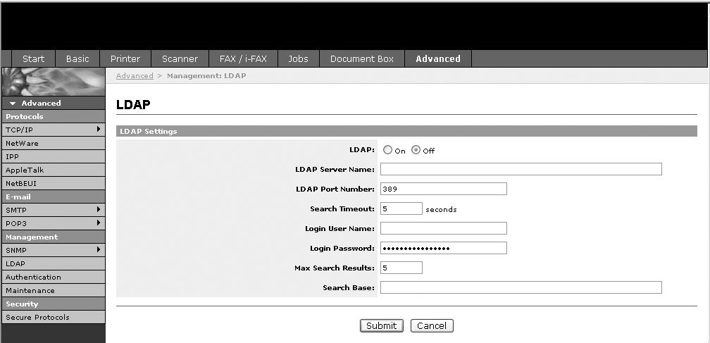 Příprava před použitím 2 V nástroji COMMAND CENTER klepněte na možnost Advanced (Pokročilé) -> Management (Správa) > LDAP. 3 Do každého políčka zadejte správné údaje.