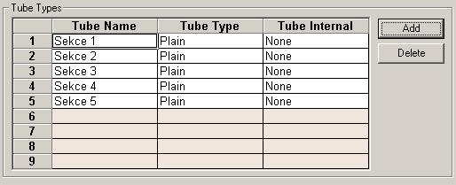Základní definice spočívá v přidání známého počtu typů trubek (jedna položka Tube Types odpovídá jedné sekci) pomocí tlačítka Add (přidat) a popř. v jejich pojmenování.