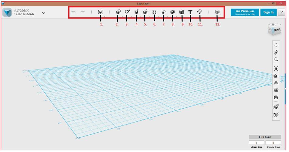 123D Design popis hlavní lišty Obrázek 9 123D Design pracovní plocha 1. polohování, srovnávání, změny velikostí, zvětšování, měření, rotace 2. 3D tvary, 2D tvary 3.