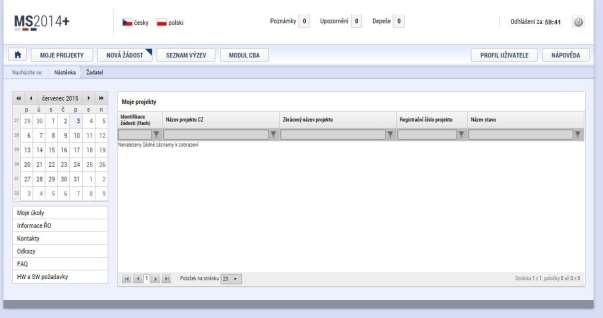 1.1.3 Založení projektu Po kliknutí na záložku Žadatel se zobrazí základní plocha s Moje projekty a novými záložkami Moje projekty; Nová žádost; Seznam výzev; Modul CBA.