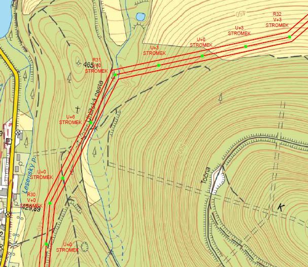 Výřez topografické mapy se znázorněním trasy vedení předložené do Dokumentace (ex. Konečná a kol., 09/2018, na podkladě OMEXOM GA Energo s.r.o., 09/2018).