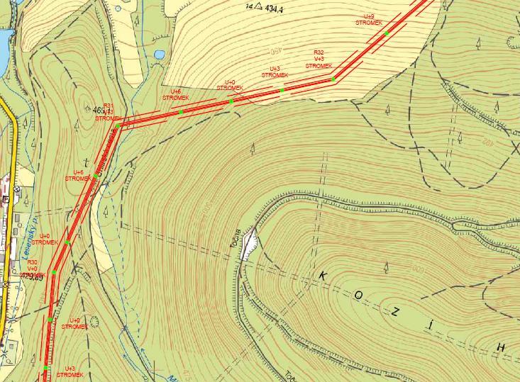 Výřez topografické mapy se znázorněním trasy vedení předložené do Dokumentace po mírné územní úpravě. (ex. Konečná a kol.