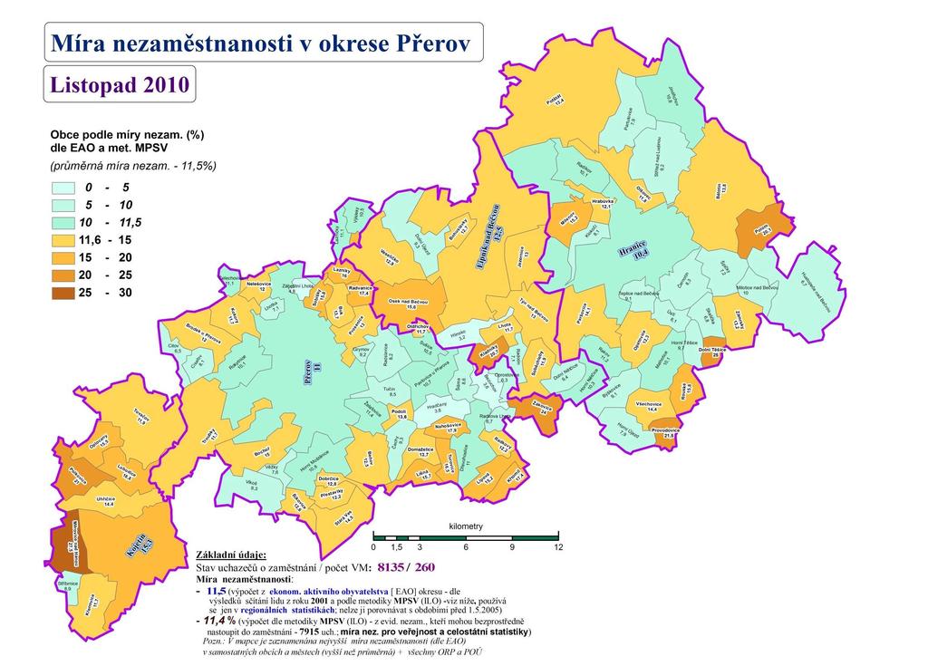 Míra nezam. a počet nezaměstnaných ve správních oblastech pověřených obcí Pověřené obce dle míry nezam.